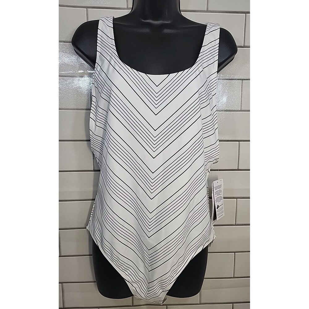 Athleta Womens One Piece Swimsuit 38D/DD White Black Chevron High Leg  Beach